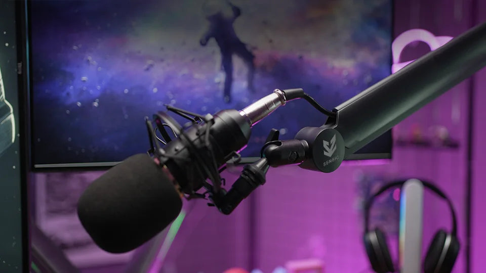 Sensic microphone boom arm in a purple gaming setup