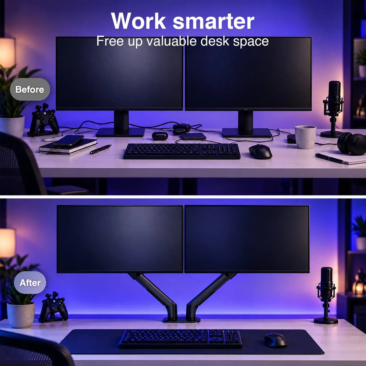 Desk before and after installing the MA-20 monitor arm